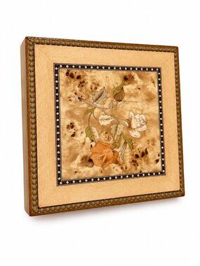 Vintage Musical Jewelry Box NWT Floral Marquetry Burl Wood 15cm
